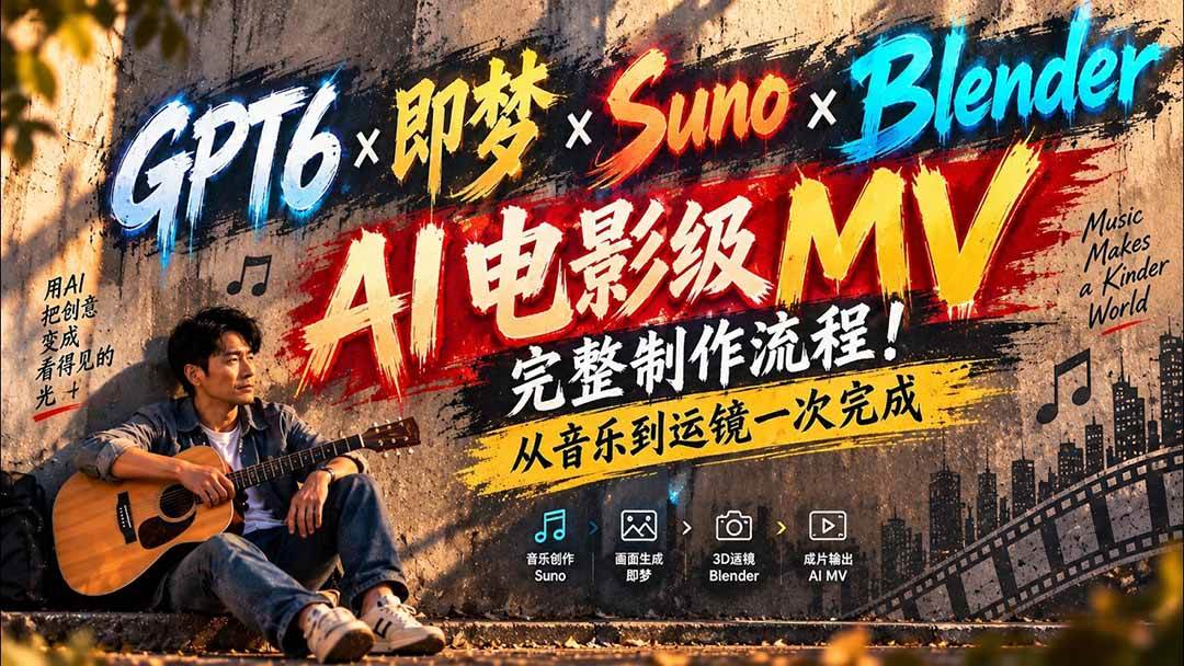 (20587期)GPT6×即梦×Suno×Blender|AI电影级MV完整制作流程!从音乐到运镜一次完成 (无水印)