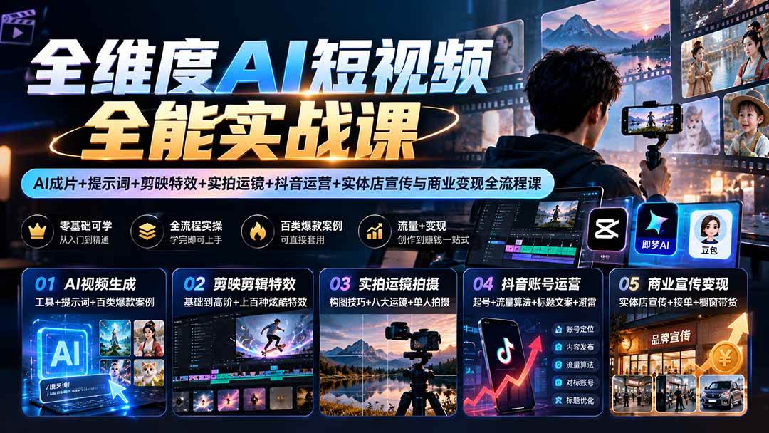（20768期）【无水印】全维度AI短视频全能实战课：AI成片+提示词+剪映特效+实拍运镜+抖音运营+实体店宣传与商业变现全流程课