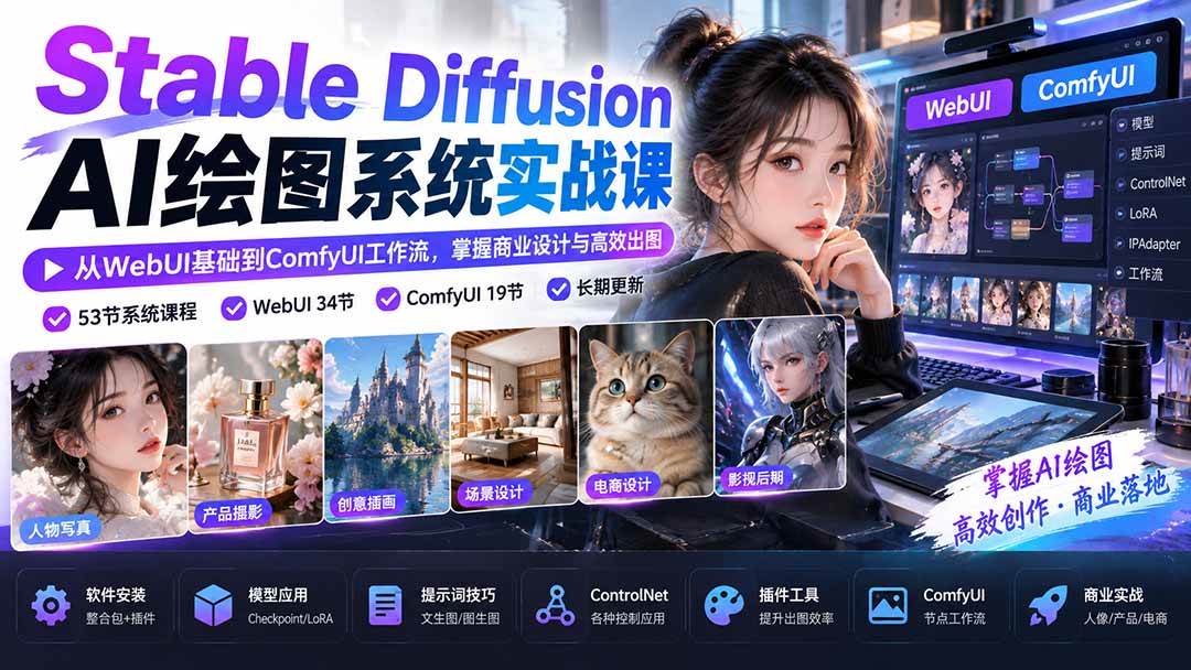 (20678期)Stable Diffusion AI绘图系统实战课:从WebUI基础到ComfyUI工作流,掌握商业设计与高效出图