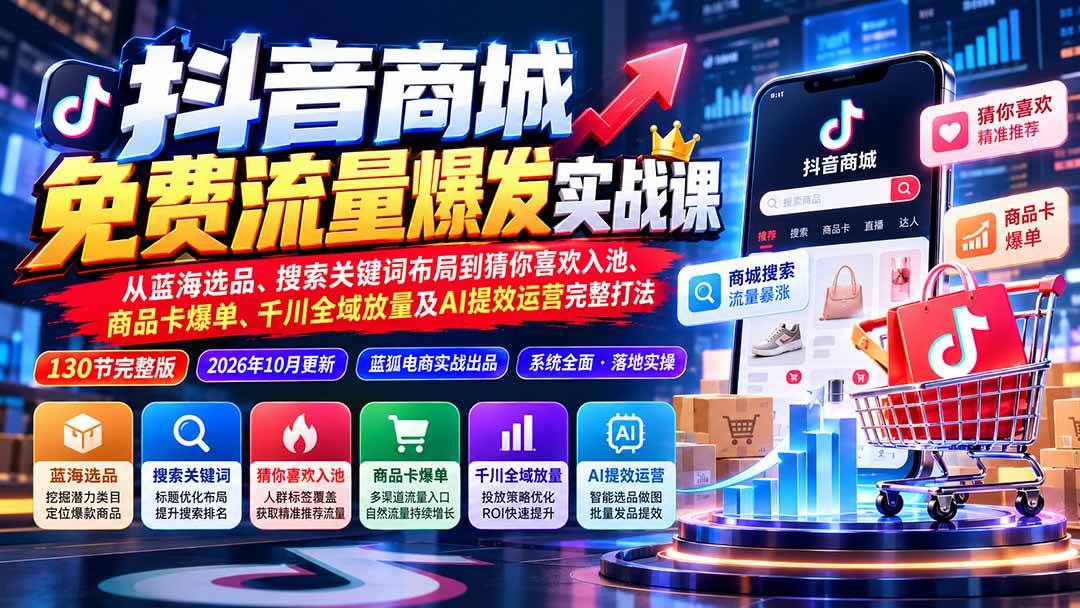 (20959期)抖音商城免费流量爆发实战:从蓝海选品、搜索关键词布局到猜你喜欢入池、商品卡爆单、千川全域放量及AI提效完整打法
