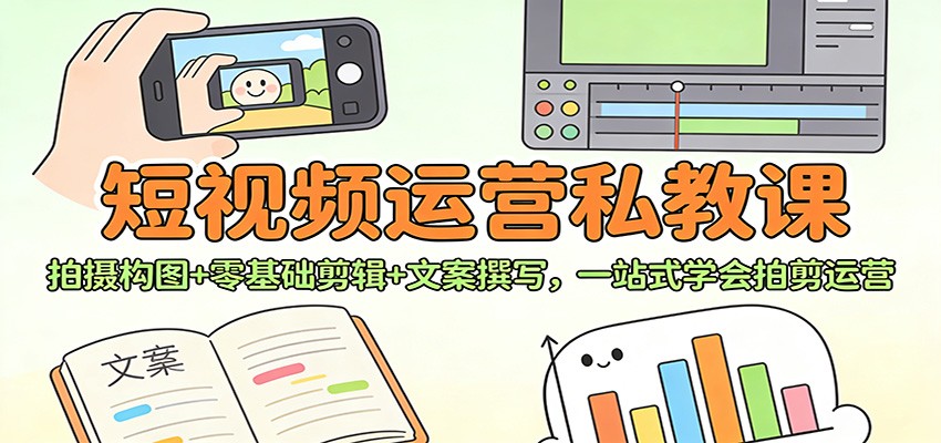 短视频运营私教课：拍摄构图+零基础剪辑 +文案撰写，一站式学会拍剪运营
