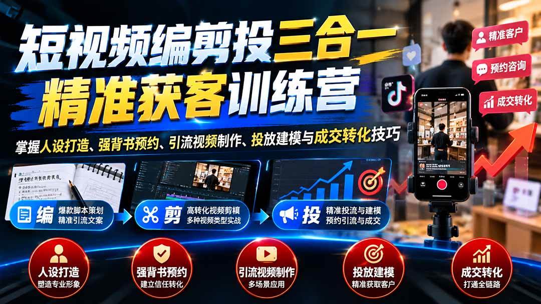 (20910期)短视频编剪投三合一精准获客训练营:掌握人设打造、强背书预约、引流视频制作、投放建模与成交转化技巧