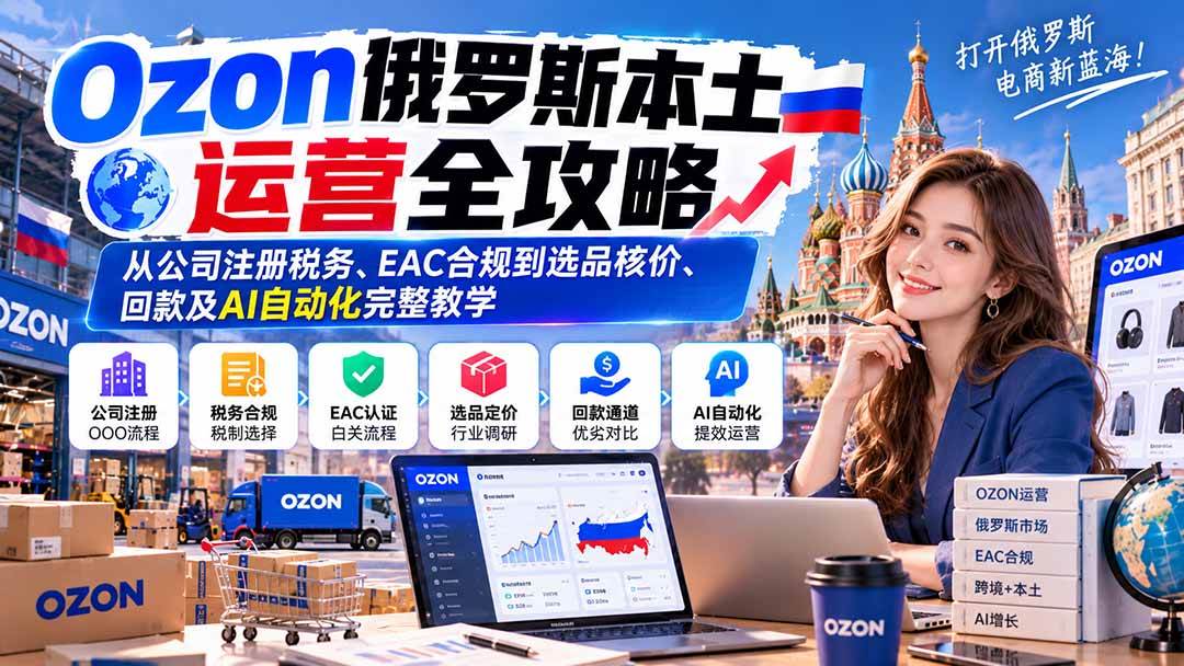 (20851期)Ozon俄罗斯本土运营全攻略:从公司注册税务、EAC合规到选品核价、回款及AI自动化完整教学