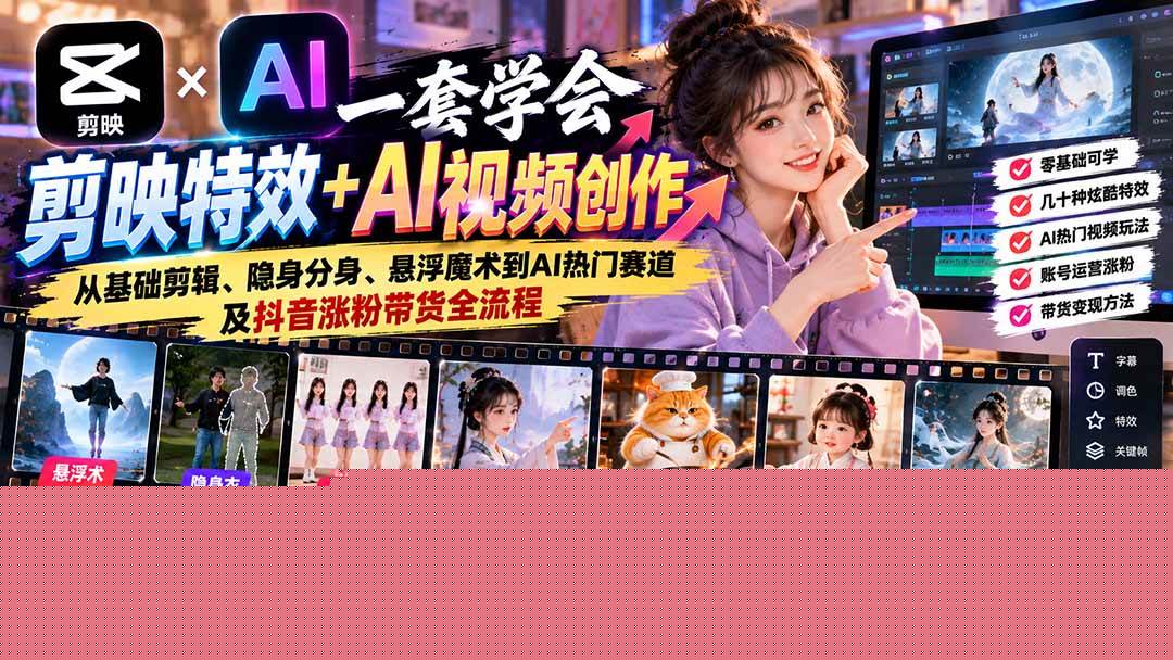 （20999期）一套学会剪映特效+AI视频创作：从基础剪辑、隐身分身、悬浮魔术到AI热门赛道及抖音涨粉带货全流程