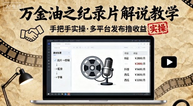 万金油之纪录片解说教学，手把手教你，完全实操，多平台发布撸收益