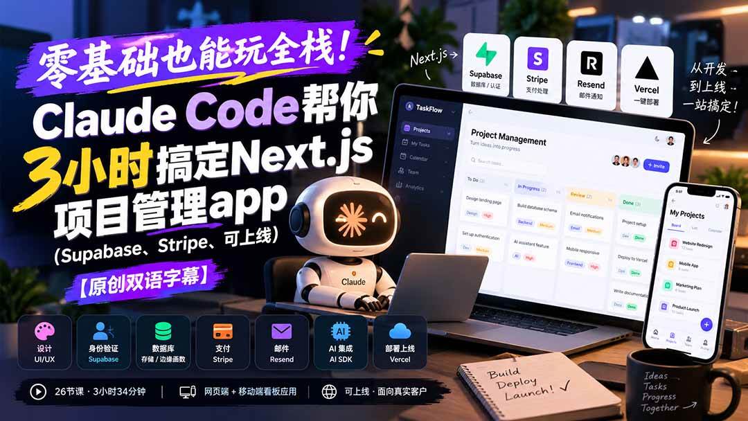 (20907期)零基础也能玩全栈!Claude Code帮你3小时搞定Next.js项目管理app(Supabase、Stripe、可上线)【原创双语字幕】
