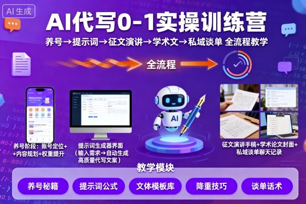 AI代写0-1实操训练营，从养号、提示词、征文演讲、学术文，到私域谈单的全流程教学