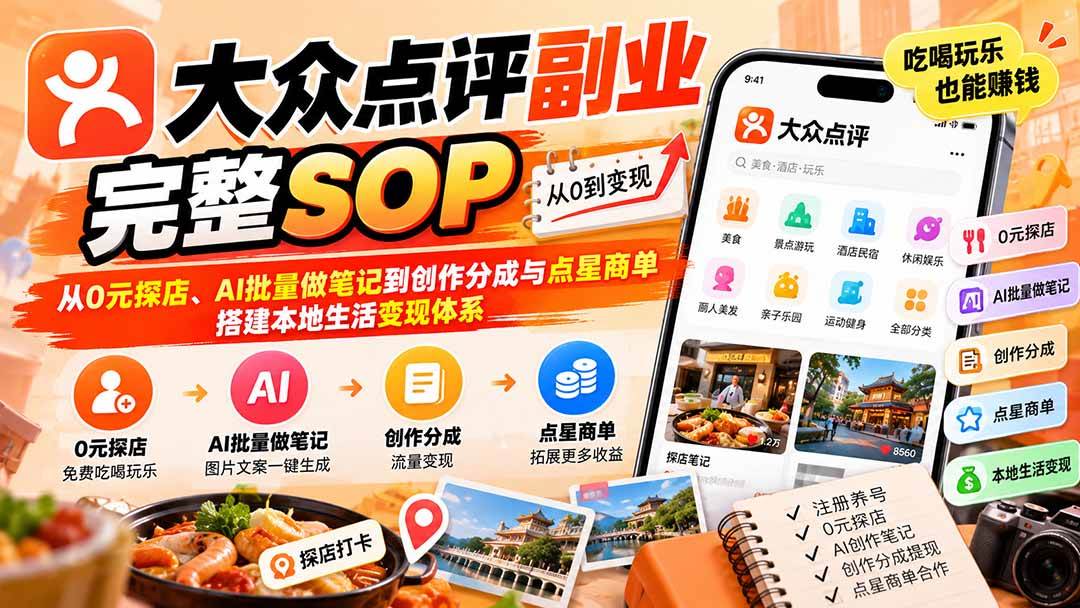 (20638期)【无水印】大众点评副业完整SOP:从0元探店、AI批量做笔记到创作分成与点星商单,搭建本地生活变现体系