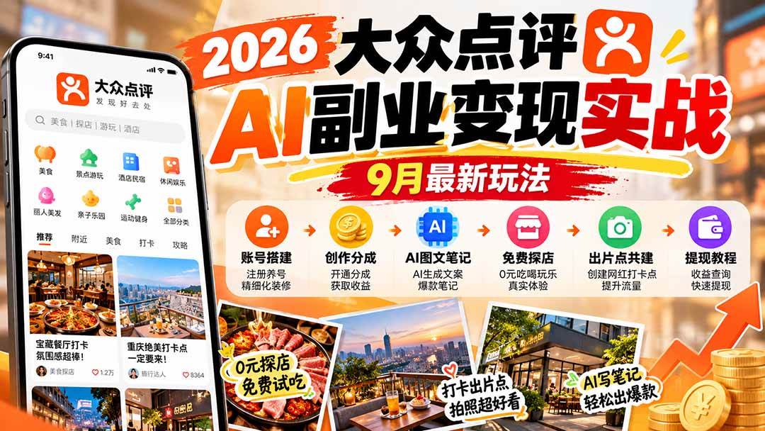 (20873期)2026大众点评AI副业变现实战9月最新玩法:账号搭建+创作分成+AI图文笔记+免费探店+出片点共建与提现教程