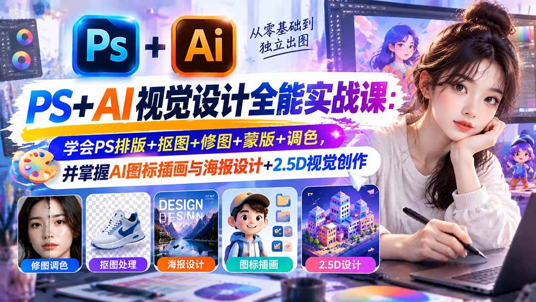 (20749期)【无水印】PS+AI视觉设计全能实战课:学会PS排版+抠图+修图+蒙版+调色,并掌握AI图标插画与海报设计+2.5D视觉创作