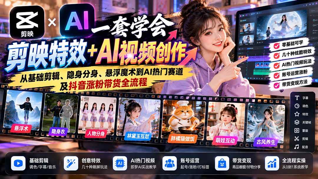 (20999期)一套学会剪映特效+AI视频创作:从基础剪辑、隐身分身、悬浮魔术到AI热门赛道及抖音涨粉带货全流程