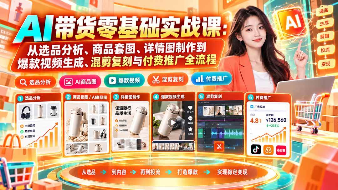 （20856期）AI带货零基础实战课：从选品分析、商品套图、详情图制作到爆款视频生成、混剪复刻与付费推广全流程