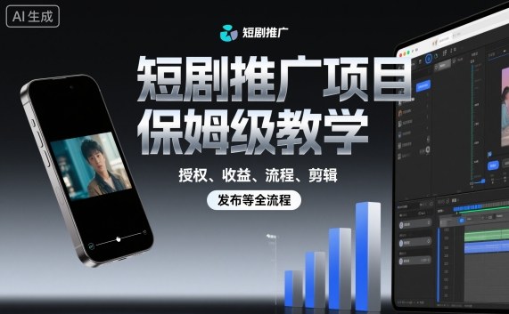短剧推广项目保姆级教学，授权、收益、流程、剪辑，发布等全流程