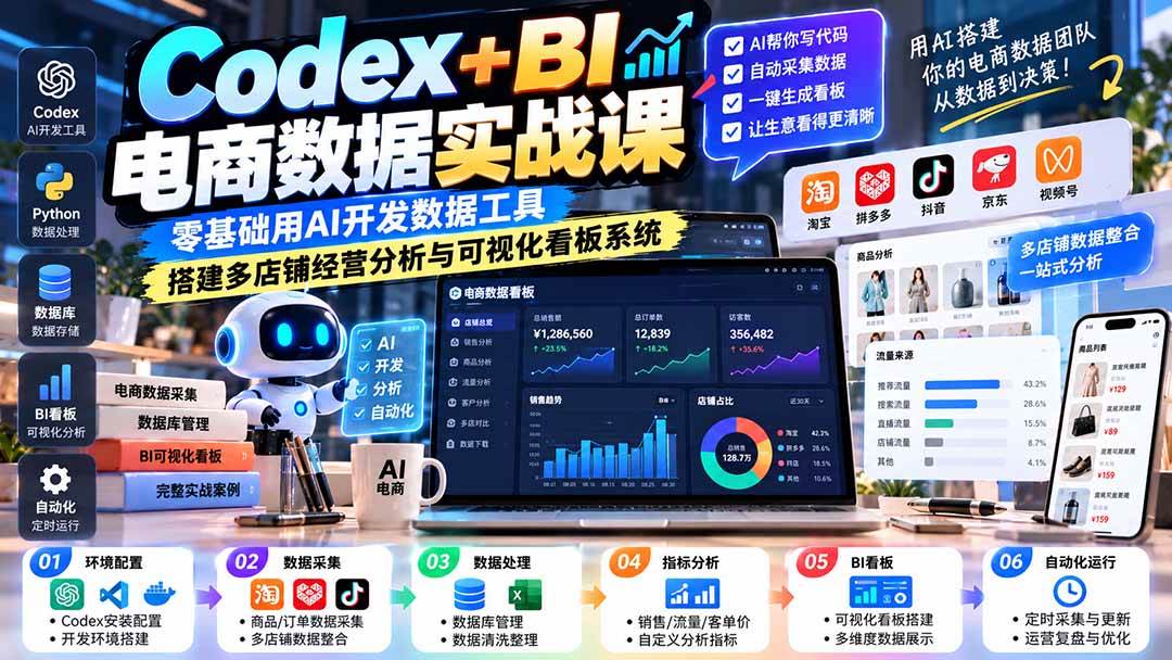 (20665期)Codex+BI电商数据实战课:零基础用AI开发数据工具,搭建多店铺经营分析与可视化看板系统