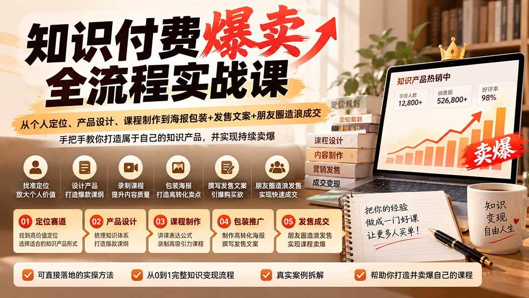 (20787期)【无水印】知识付费爆卖全流程实战课:从个人定位、产品设计、课程制作到海报包装+发售文案+朋友圈造浪成交