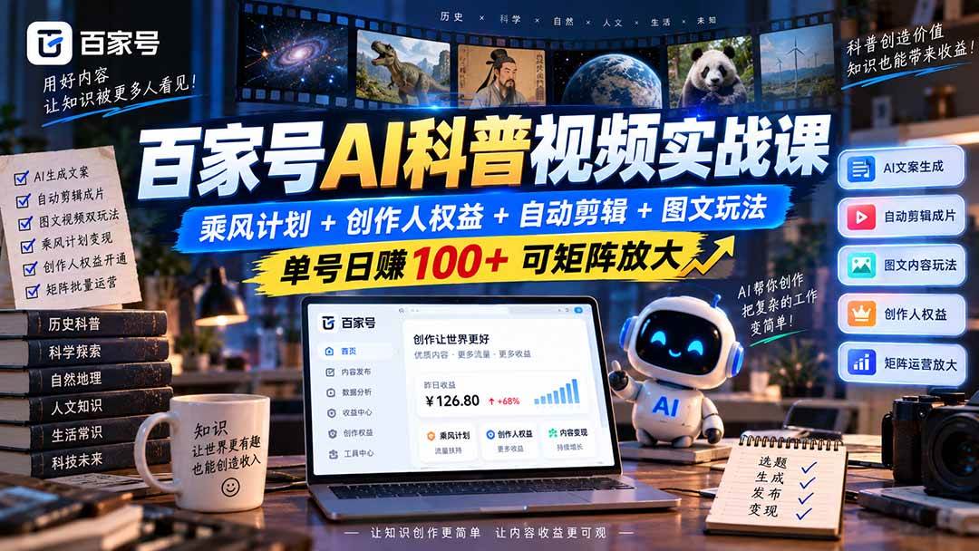 (20579期)百家号AI科普视频实战课:乘风计划+创作人权益+自动剪辑+图文玩法,单号日赚100+可矩阵放大