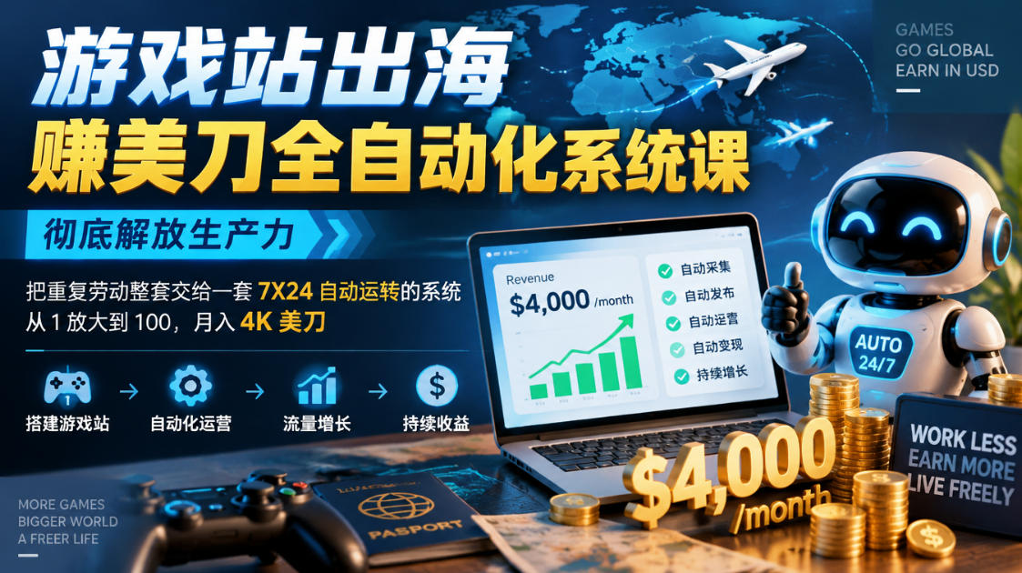 游戏站出海賺美刀全自动化系统课，彻底解放生产力–把重复劳动整套交给一套7X24自动运转的系统，从1放大到100，月入4K美刀 游戏站出海掘金从0到1小白实战课，从选词到上线，从收录到变现，月入3700刀+