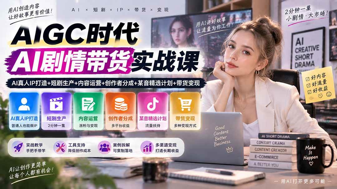 (20567期)AIGC时代AI剧情带货实战课|AI真人IP打造+短剧生产+内容运营+创作者分成、某音精选计划+带货变现