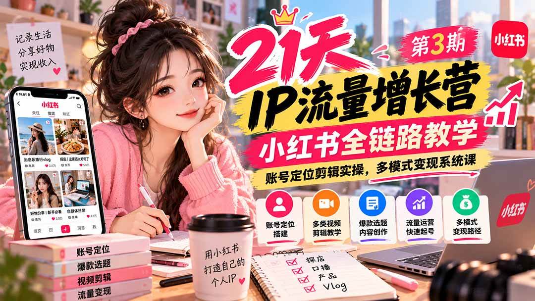 (20992期)【无水印】21天IP流量增长营-第3期,小红书全链路教学,账号定位剪辑实操,多模式变现系统课
