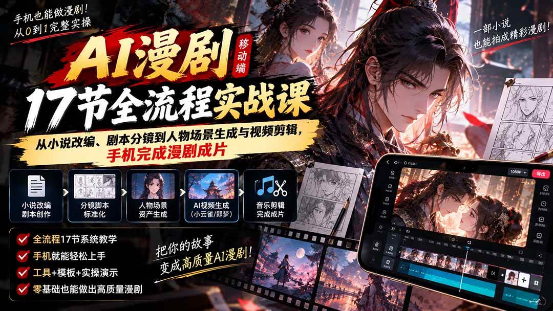 (20624期)AI漫剧移动端17节全流程实战课:从小说改编、剧本分镜到人物场景生成与视频剪辑,手机完成漫剧成片