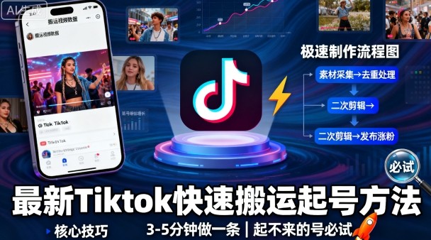 最新Tiktok快速搬运快速起号方法，3-5分钟做一条，起不来的号可以试试