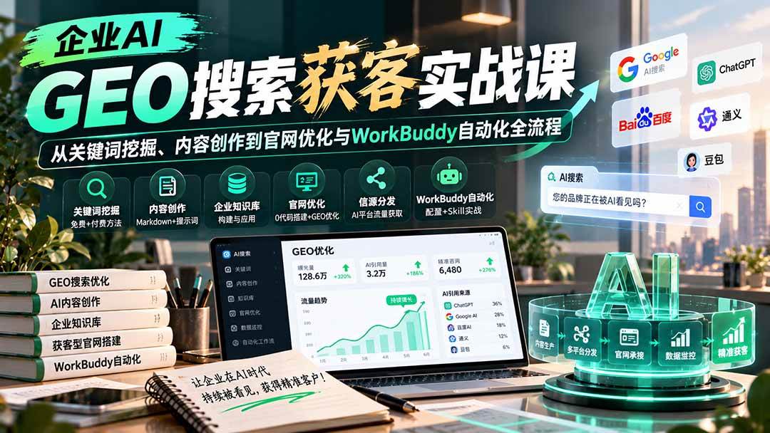 (20643期)企业AI GEO搜索获客实战课:从关键词挖掘、内容创作到官网优化与WorkBuddy自动化全流程