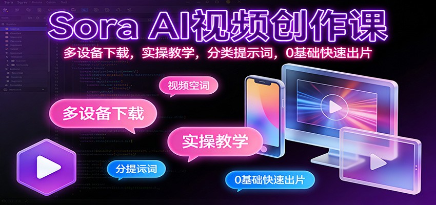 Sora AI视频创作课：多设备下载，实操教学，分类提示词，0基础快速出片