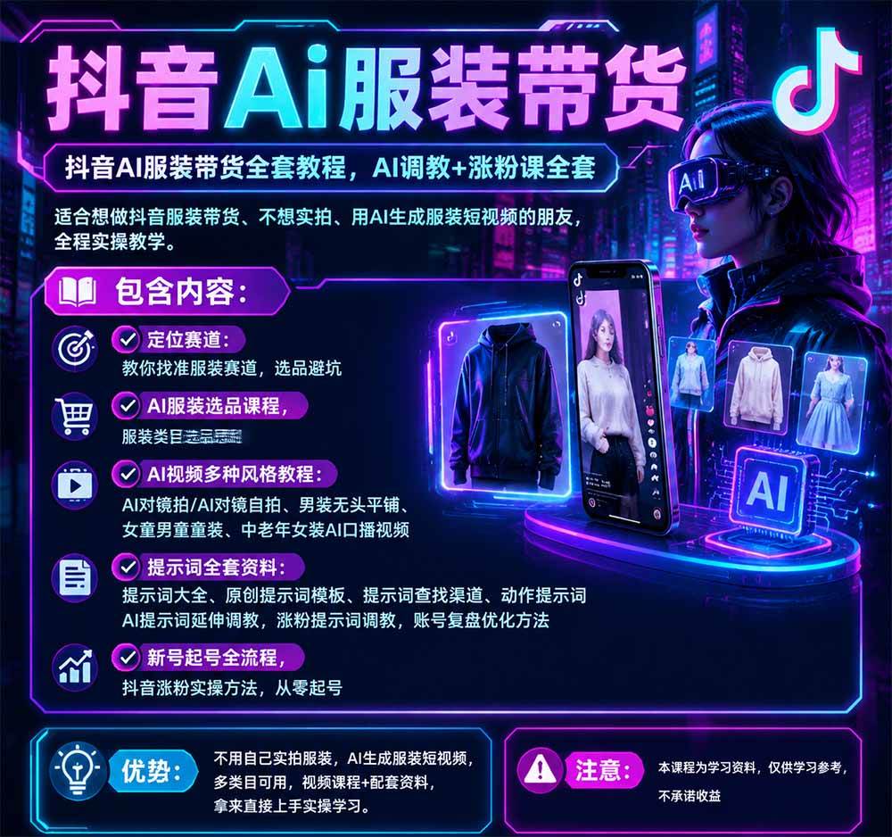 (20960期)不用真人出镜的抖音AI服装带货课:AI对镜自拍、童装男装女装视频制作、起号涨粉,附提示词大全与调教模板