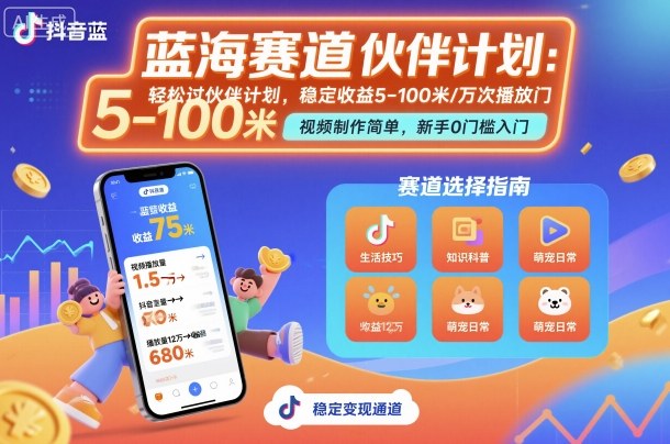 抖音蓝海赛道，轻松过伙伴计划，视频制作简单，万次播放收益在5-100米，稳定收益