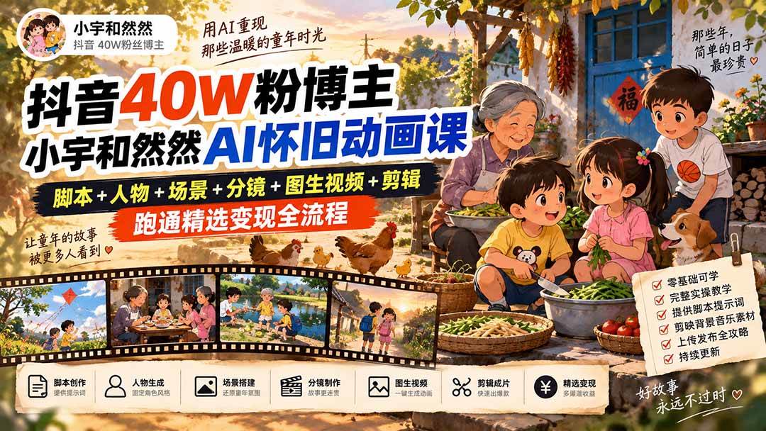 (20549期)抖音40W粉博主小宇和然然AI怀旧动画课|脚本+人物+场景+分镜+图生视频+剪辑,跑通精选变现全流程
