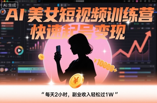 AI美女短视频训练营，快速起号变现，每天2小时，副业收入轻松过1W