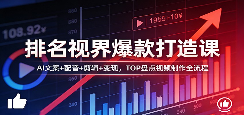 排名视界爆款打造课：AI文案+配音+剪辑+变现，TOP盘点视频制作全流程