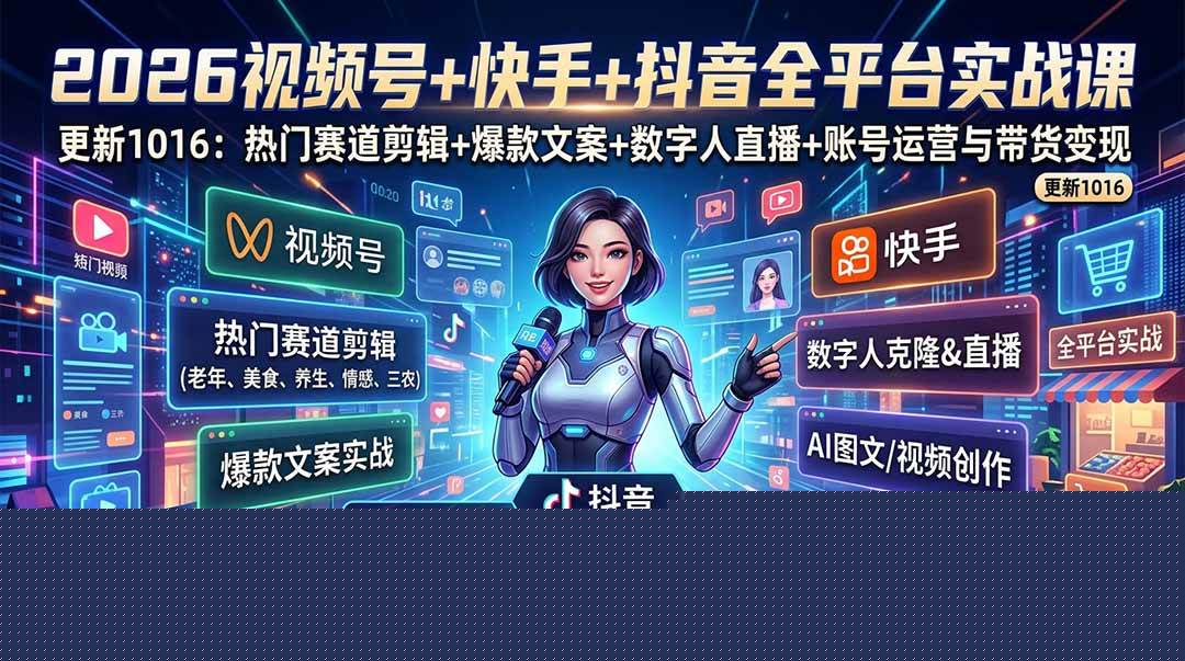 (20997期)视频号+快手+抖音三大平台的全栈剪辑+数字人直播实战课-3月更新:快速实现短视频变现