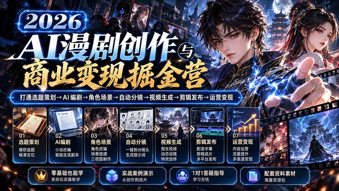 （20906期）【无水印】2026AI漫剧创作与商业变现掘金营：打通选题→AI编剧→角色场景→自动分镜→视频生成→剪辑发布→运营变现