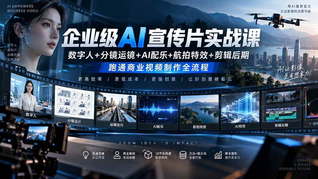 (20548期)企业级AI宣传片实战课|数字人+分镜运镜+AI配乐+航拍特效+剪辑后期,跑通商业视频制作全流程