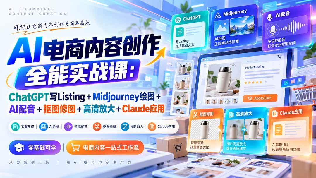 (20770期)【无水印】AI电商内容创作全能实战课:ChatGPT写Listing+Midjourney绘图+AI配音+抠图修图+高清放大+Claude应用