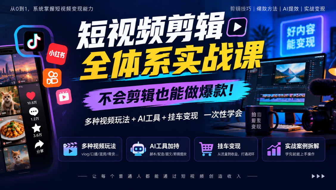 短视频剪辑全体系实战课，不会剪辑也能做爆款，多种视频玩法+AI工具+挂车变现一次性学